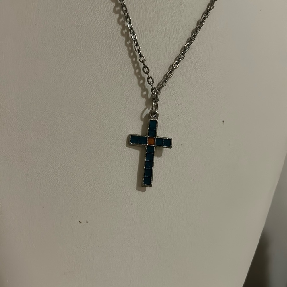 Mosaic cross ✝️ on silver chain.